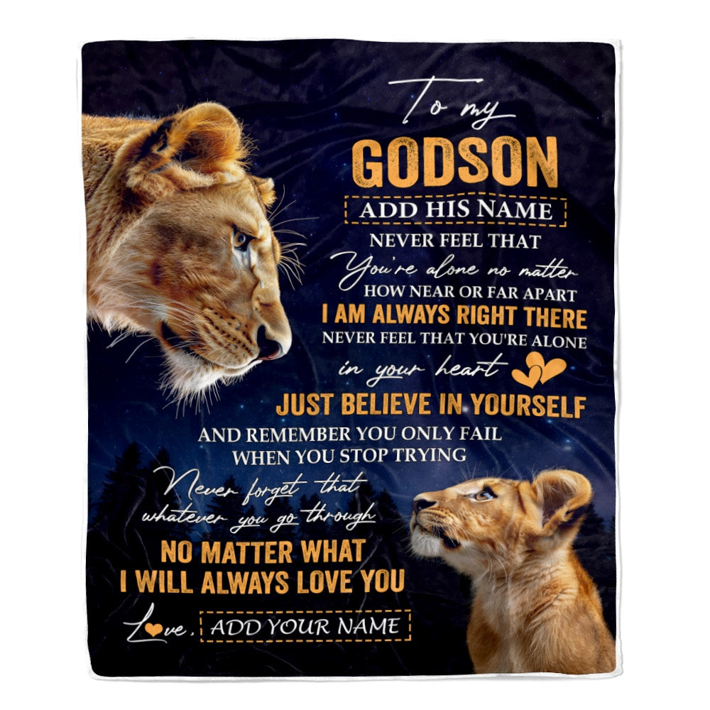 Personalized To My Godson Gifts From Godmother Aunt Blanket Lion Never Feel Alone Birthday Gifts Godson Graduation Valentines Christmas Fleece Blanket | teecentury
