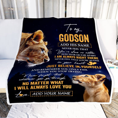 Personalized To My Godson Gifts From Godmother Aunt Blanket Lion Never Feel Alone Birthday Gifts Godson Graduation Valentines Christmas Fleece Blanket | teecentury