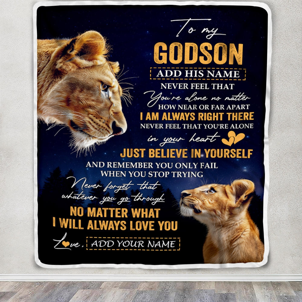 Personalized To My Godson Gifts From Godmother Aunt Blanket Lion Never Feel Alone Birthday Gifts Godson Graduation Valentines Christmas Fleece Blanket | teecentury