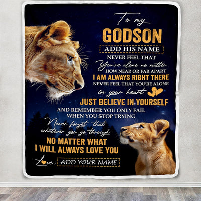 Personalized To My Godson Gifts From Godmother Aunt Blanket Lion Never Feel Alone Birthday Gifts Godson Graduation Valentines Christmas Fleece Blanket | teecentury