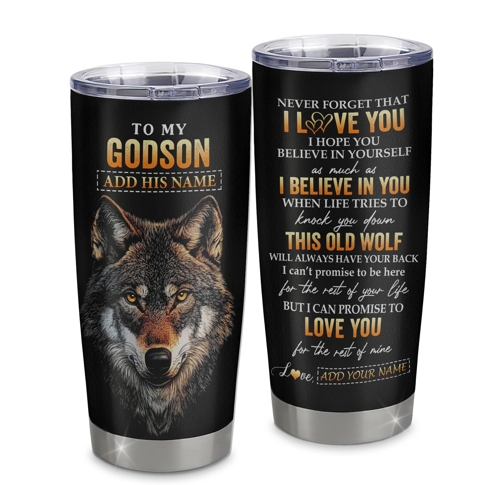 Personalized To My Godson Gifts From Godmother Aunt Uncle Tumbler Old Wolf Love You Godson Birthday Gifts Graduation Christmas Custom Stainless Steel Cup Travel Mug | teecentury