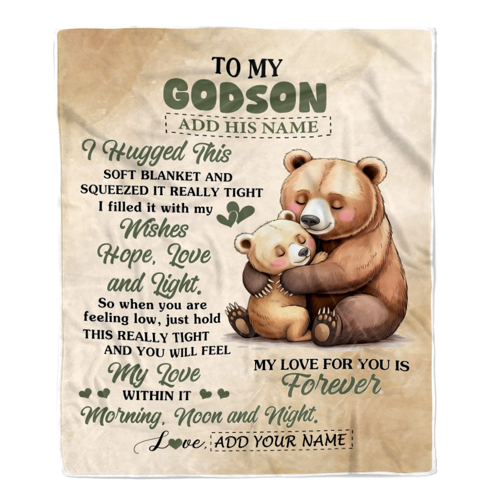 Personalized To My Godson Gifts From Godmother Blanket Bear Letter I Hugged This Gifts For Godson Birthday Graduation Christmas Custom Fleece Blanket | teecentury