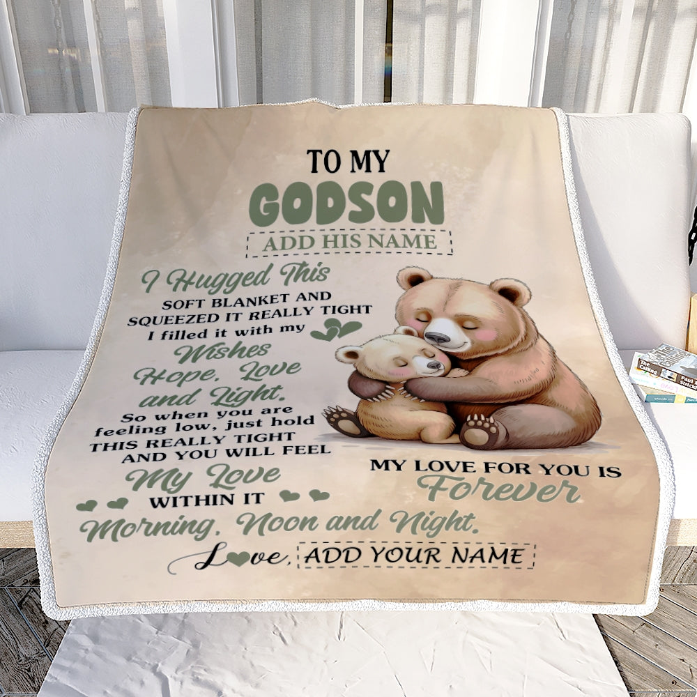 Personalized To My Godson Gifts From Godmother Blanket Bear Letter I Hugged This Gifts For Godson Birthday Graduation Christmas Custom Fleece Blanket | teecentury