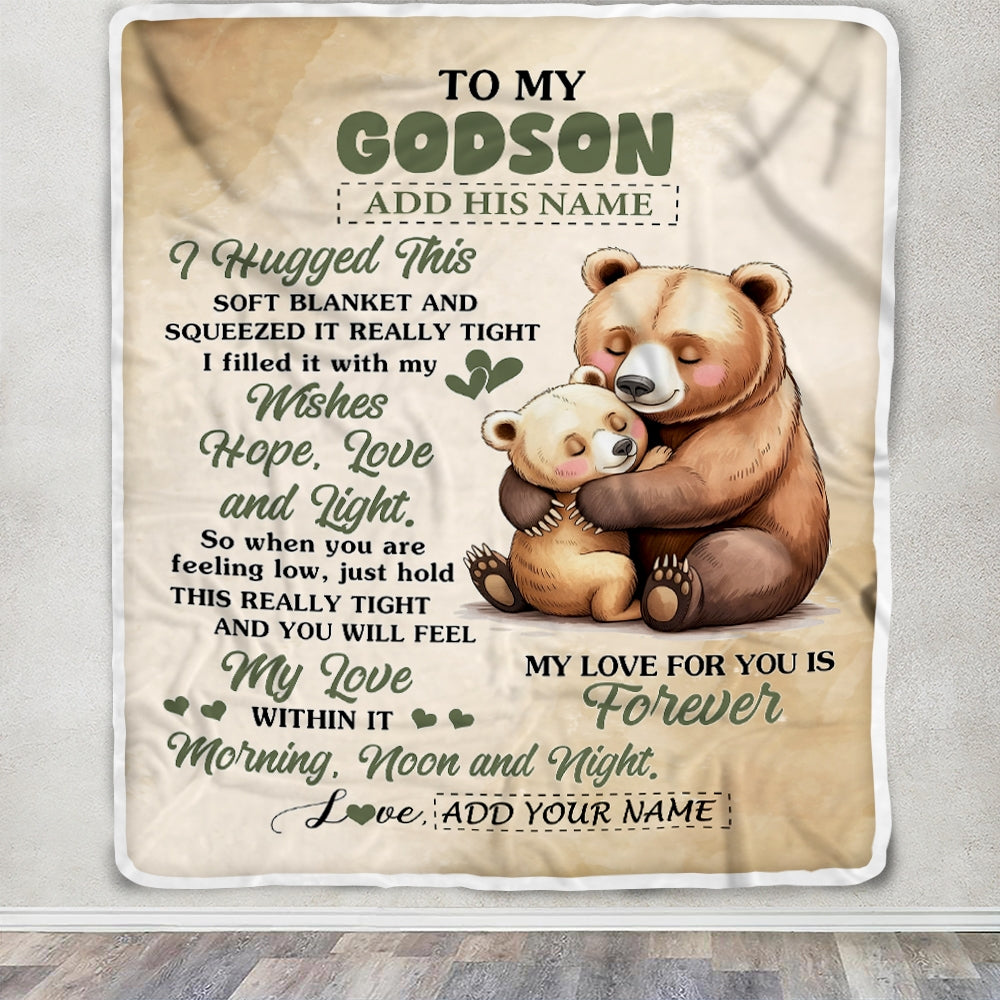 Personalized To My Godson Gifts From Godmother Blanket Bear Letter I Hugged This Gifts For Godson Birthday Graduation Christmas Custom Fleece Blanket | teecentury