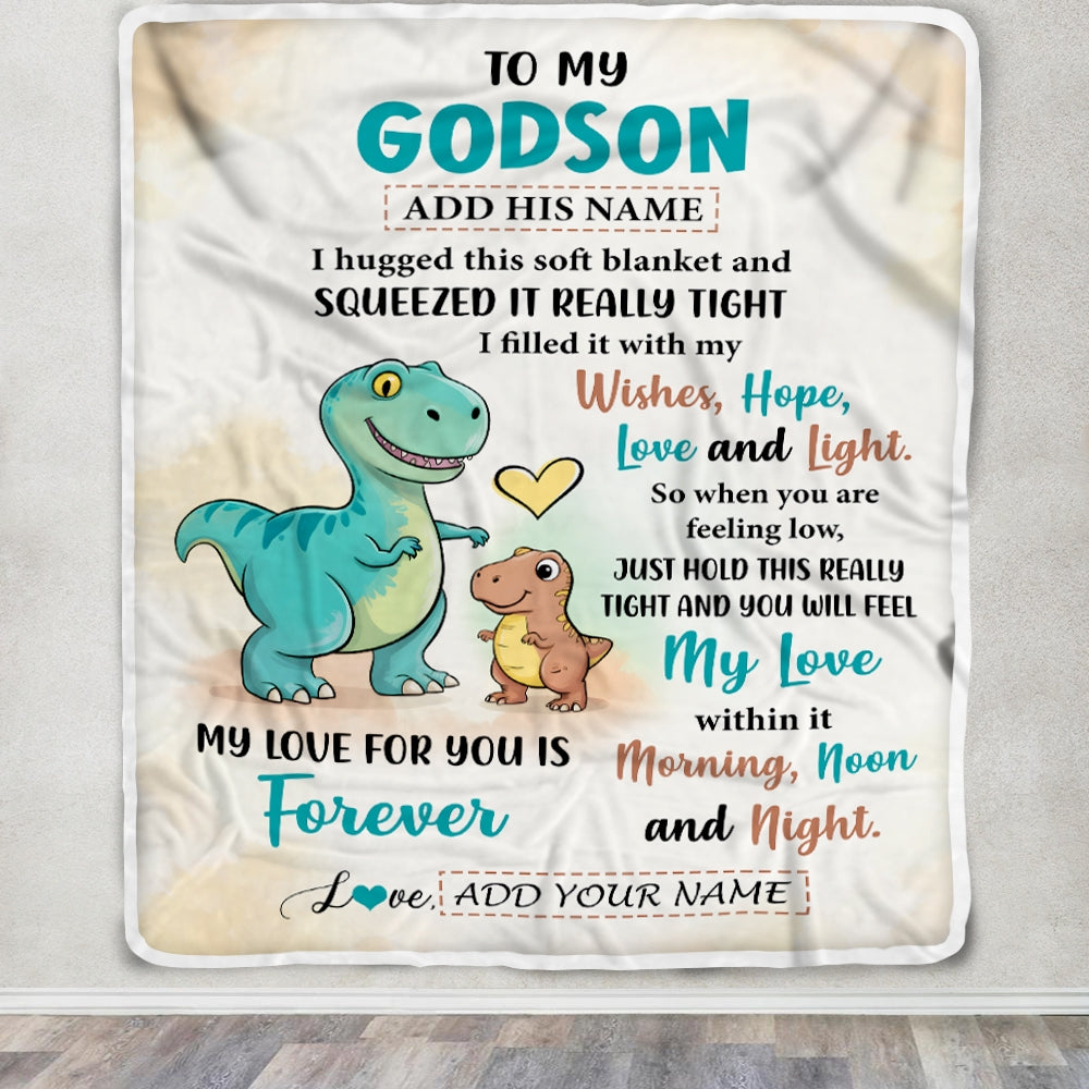 Personalized To My Godson Gifts From Godmother Blanket Dinosaur Letter I Hugged This Gifts For Godson Birthday Graduation Christmas Custom Fleece Blanket | teecentury