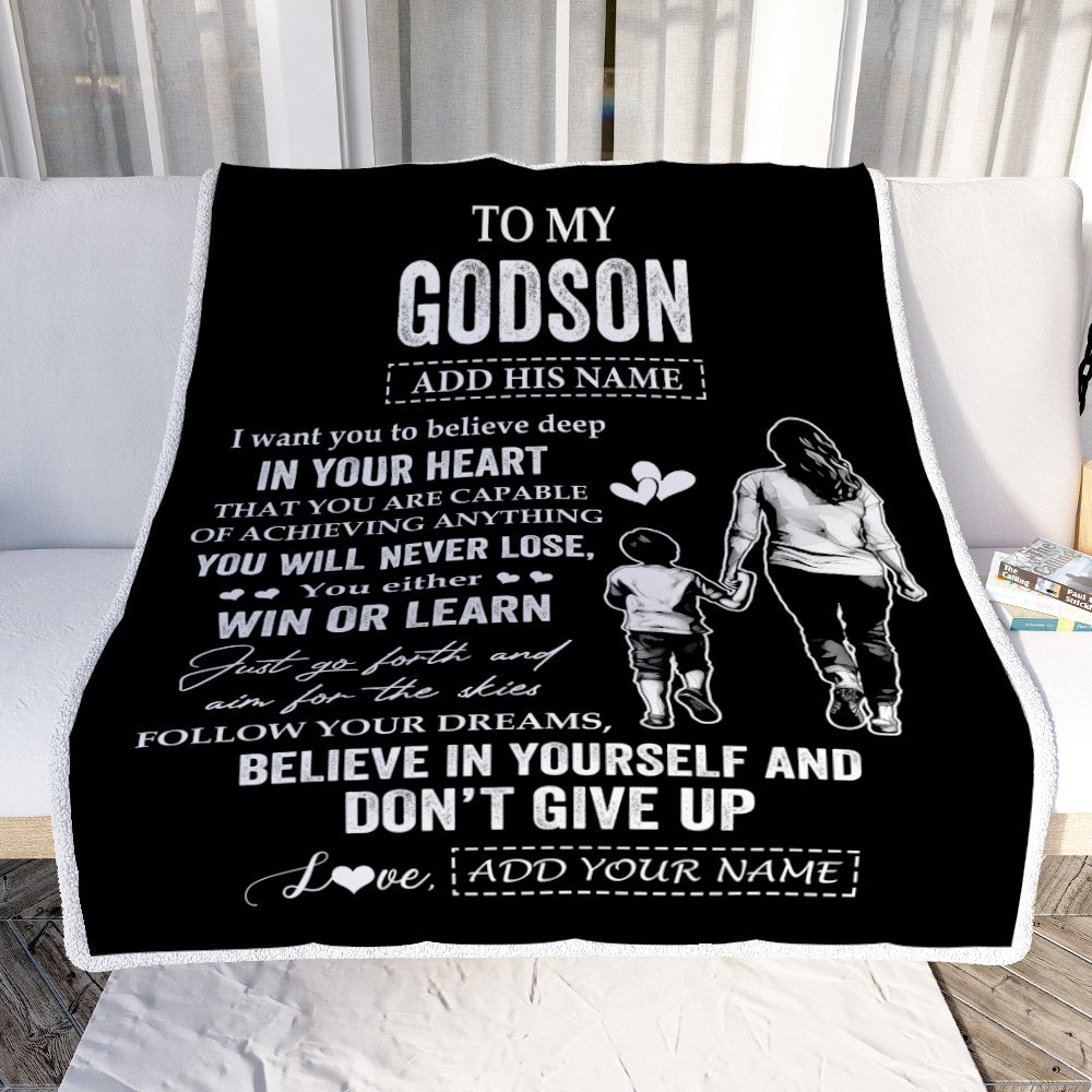 Personalized To My Godson Gifts From Godmother Blanket Don't Give Up Godmother Gifts For Godson Birthday Graduation Christmas Customized Fleece Throw Blanket | teecentury