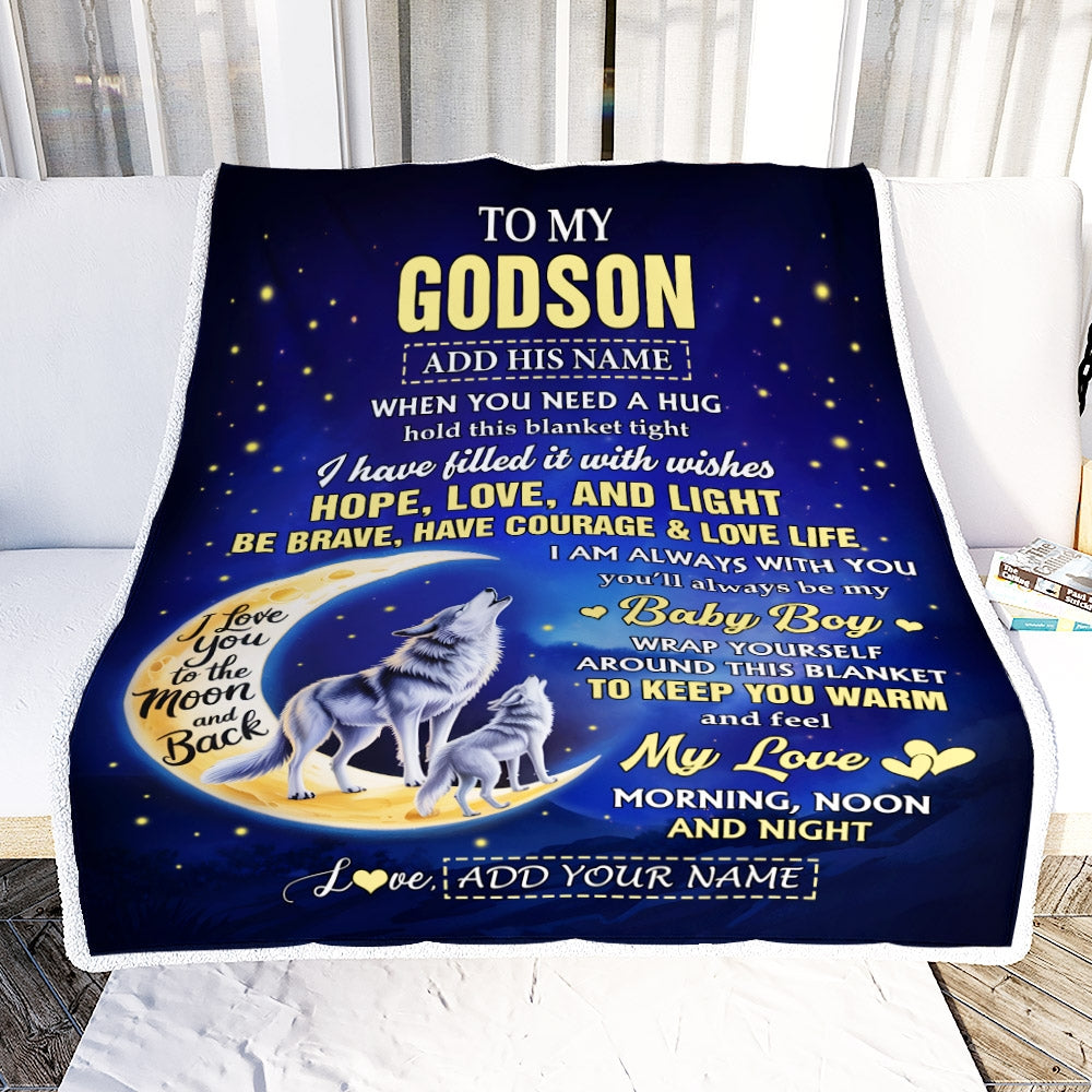 Personalized To My Godson Gifts From Godmother Godfather Blanket I Love You Moon And Back Wolf Godson Birthday Gifts Christmas Graduation Fleece Blanket | teecentury