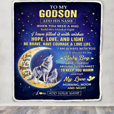Personalized To My Godson Gifts From Godmother Godfather Blanket I Love You Moon And Back Wolf Godson Birthday Gifts Christmas Graduation Fleece Blanket | teecentury
