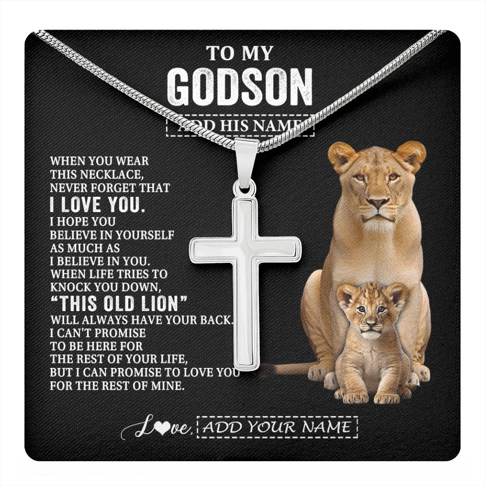 Stainless Cross Necklace Stainless Steel | 1 | Personalized To My Godson Gifts From Godmother Necklace This Old Lion Love You Godson Birthday Gifts Graduation Christmas Customized Gift Box Message Card | https://teecentury.