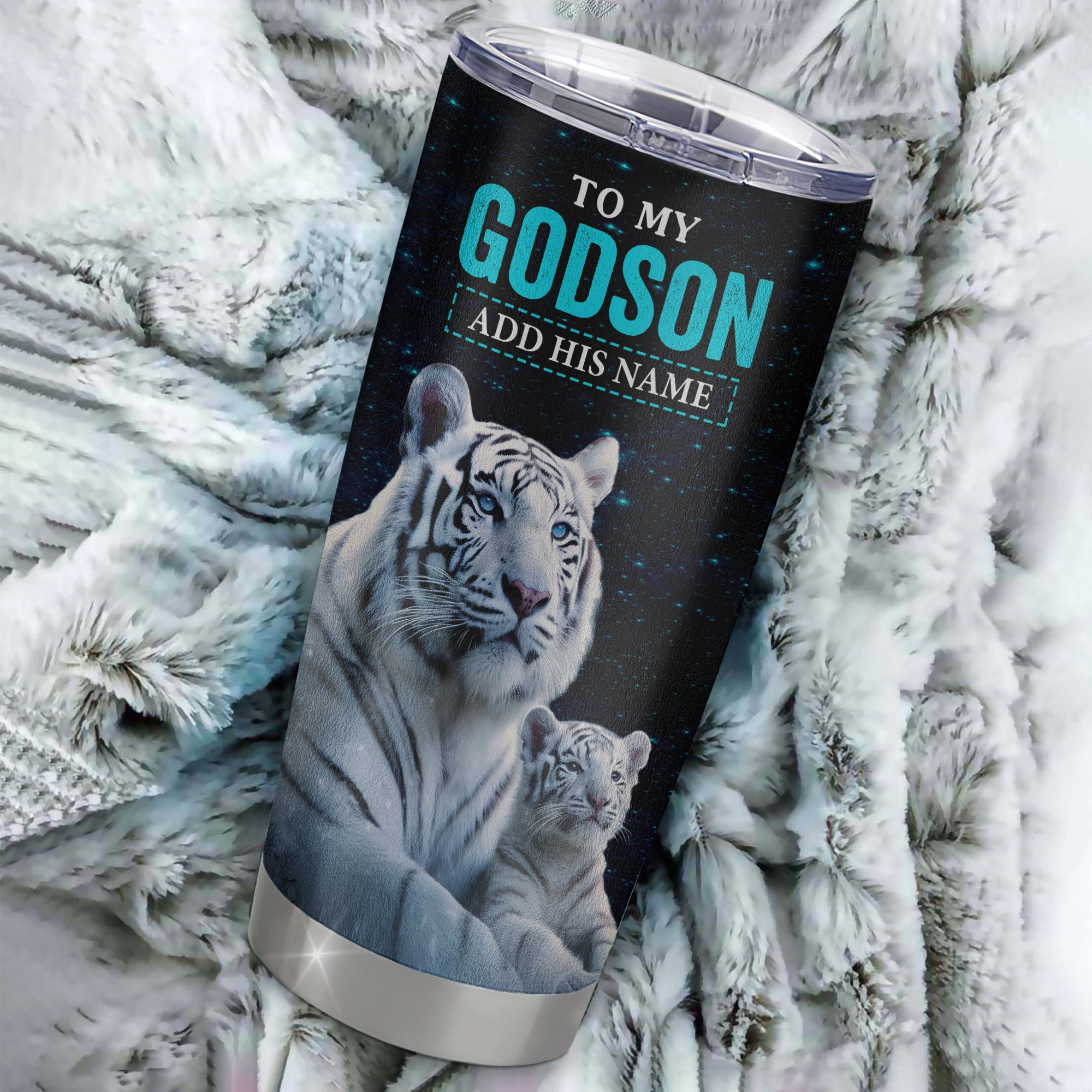 Personalized To My Godson Gifts From Godmother  Tumbler White Tiger Never Forget How Much I Love You Godson Birthday Graduation Christmas Custom Stainless Steel Mug | teecentury
