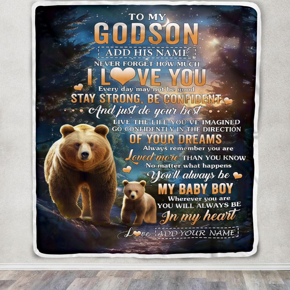 Personalized To My Godson Gifts From Godmother Uncle Blanket Bear Never Forget How Much I Love You Godson Birthday Graduation Christmas Fleece Throw Blanket | teecentury