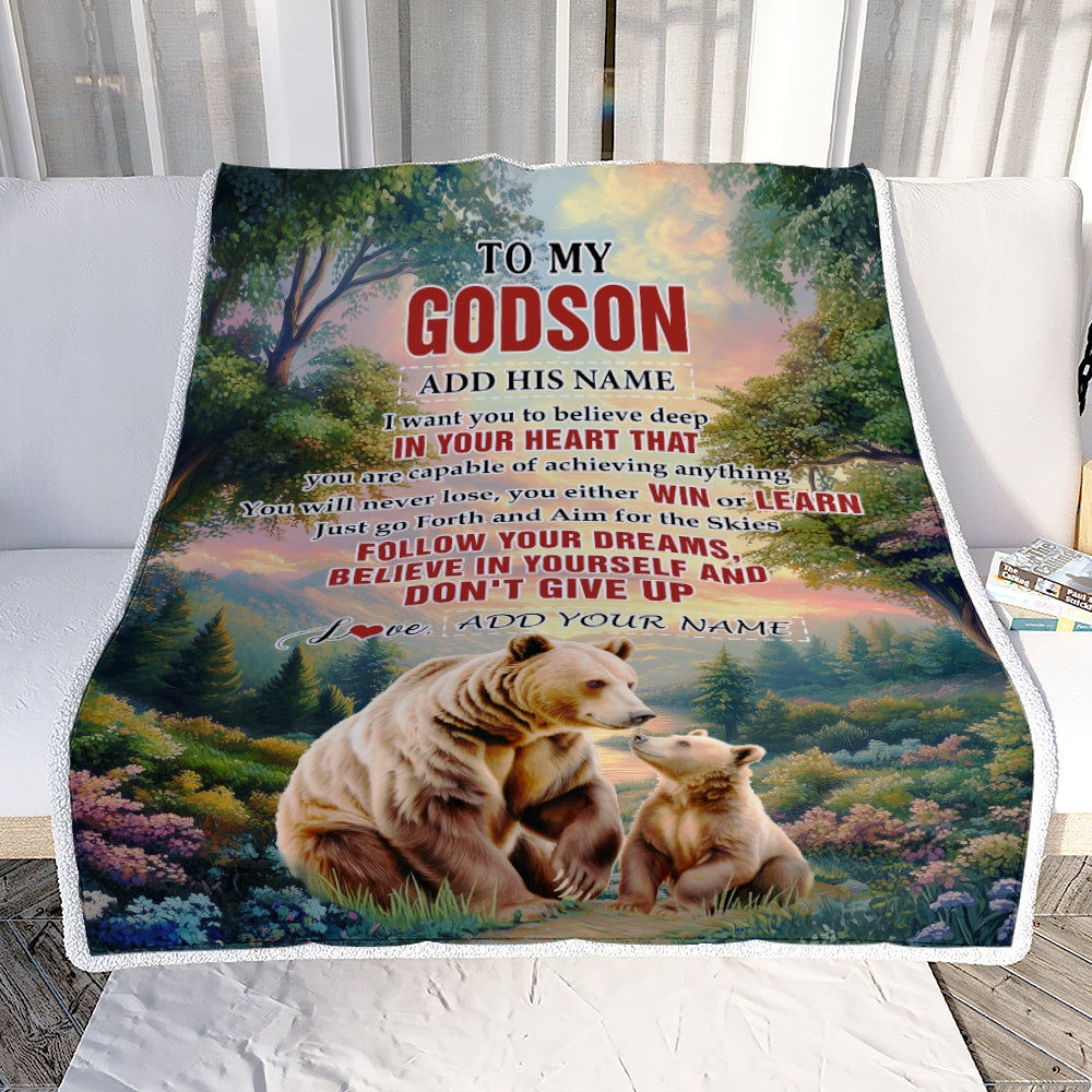 Personalized To My Godson Gifts From Godmother Uncle Blanket Don't Give Up Bear Gifts For Godson Birthday Graduation Christmas Customized Fleece Throw Blanket | teecentury