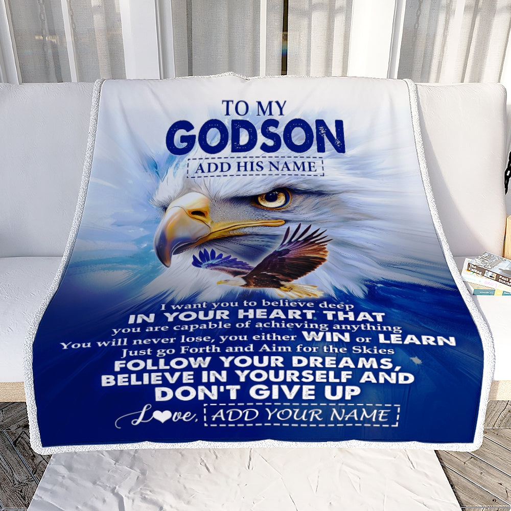 Personalized To My Godson Gifts From Godmother Uncle Blanket Don't Give Up Eagle Gifts For Godson Birthday Graduation Christmas Customized Fleece Blanket | teecentury