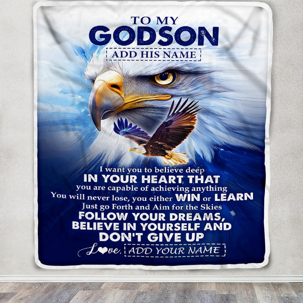 Personalized To My Godson Gifts From Godmother Uncle Blanket Don't Give Up Eagle Gifts For Godson Birthday Graduation Christmas Customized Fleece Blanket | teecentury