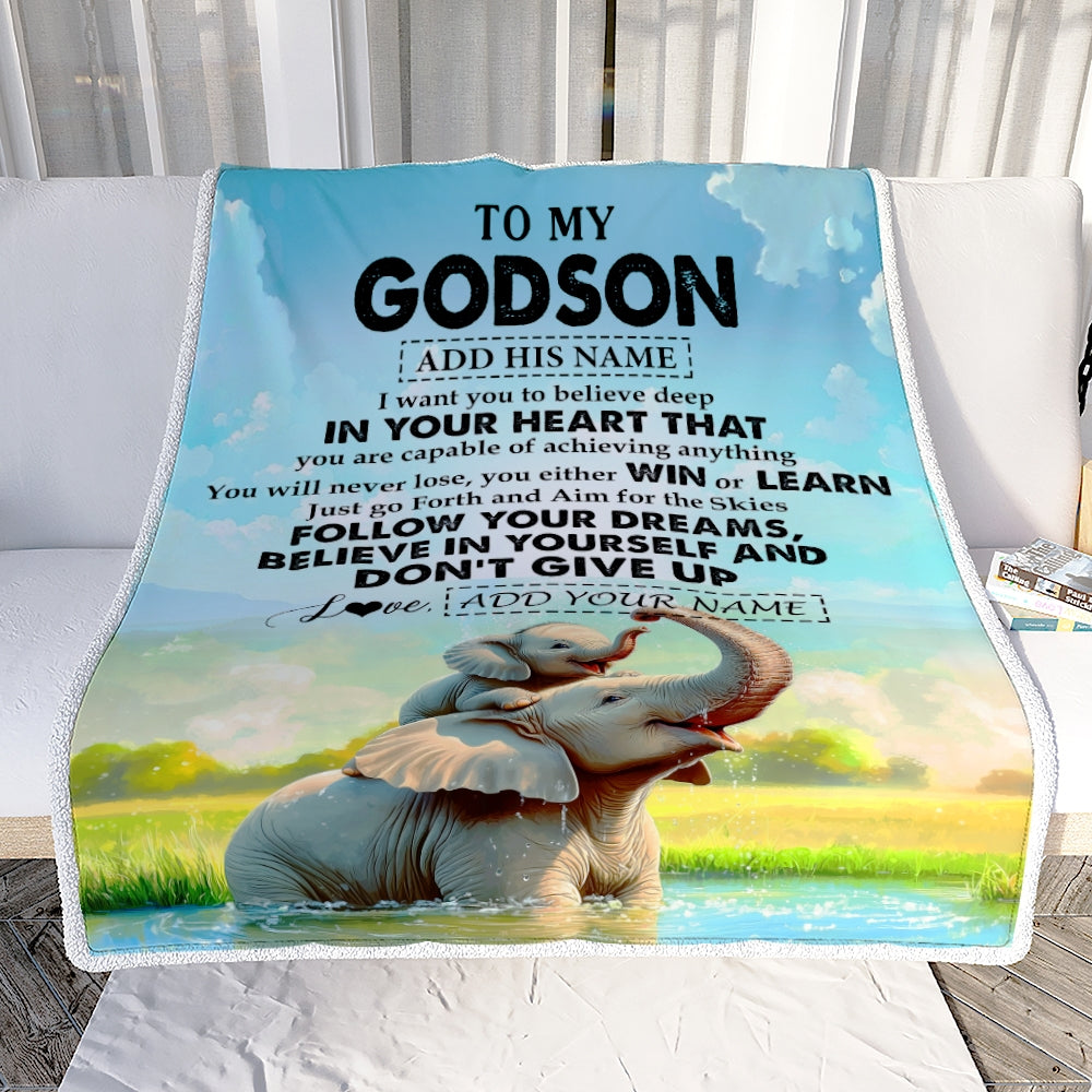 Personalized To My Godson Gifts From Godmother Uncle Blanket Don't Give Up Elephant Gifts For Godson Birthday Graduation Christmas Custom Fleece Blanket | teecentury