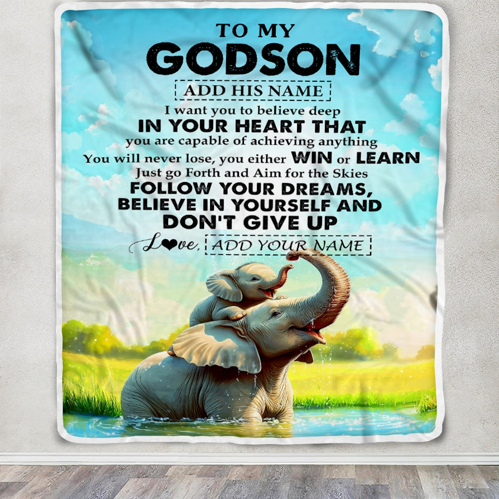 Personalized To My Godson Gifts From Godmother Uncle Blanket Don't Give Up Elephant Gifts For Godson Birthday Graduation Christmas Custom Fleece Blanket | teecentury
