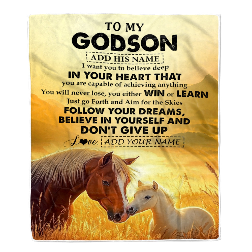 Personalized To My Godson Gifts From Godmother Uncle Blanket Don't Give Up Horse Gifts For Godson Birthday Graduation Christmas Customized Fleece Blanket | teecentury