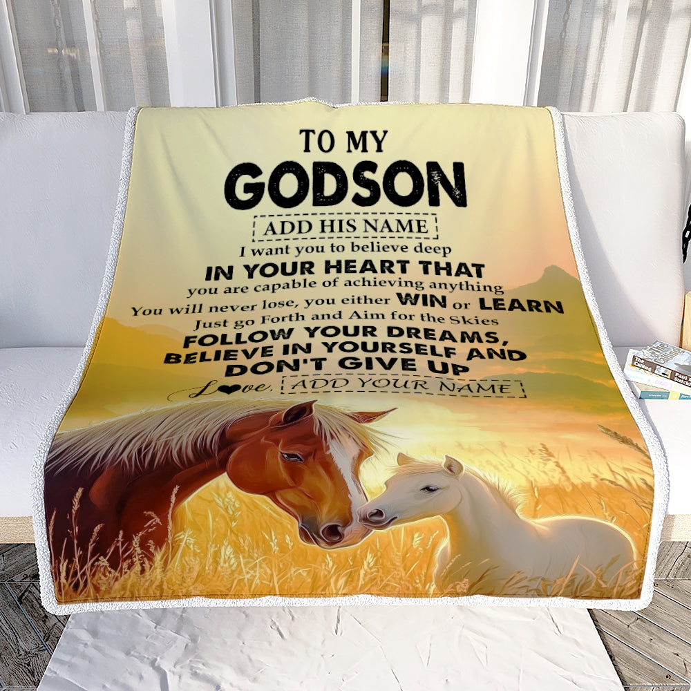 Personalized To My Godson Gifts From Godmother Uncle Blanket Don't Give Up Horse Gifts For Godson Birthday Graduation Christmas Customized Fleece Blanket | teecentury