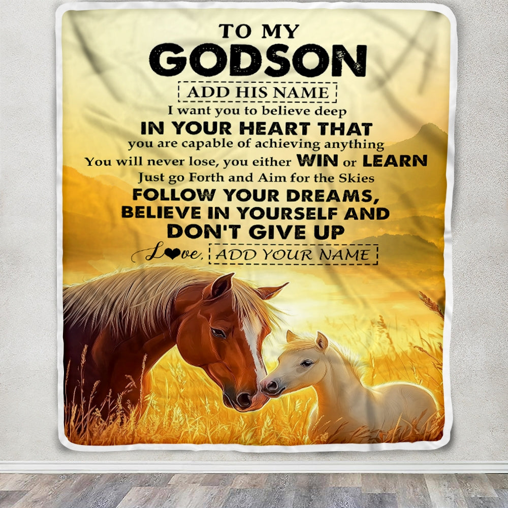 Personalized To My Godson Gifts From Godmother Uncle Blanket Don't Give Up Horse Gifts For Godson Birthday Graduation Christmas Customized Fleece Blanket | teecentury