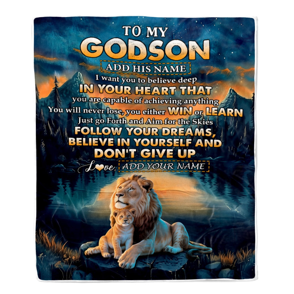 Personalized To My Godson Gifts From Godmother Uncle Blanket Don't Give Up Lion Gifts For Godson Birthday Graduation Christmas Customized Fleece Throw Blanket | teecentury
