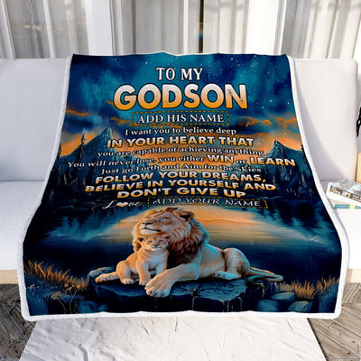 Personalized To My Godson Gifts From Godmother Uncle Blanket Don't Give Up Lion Gifts For Godson Birthday Graduation Christmas Customized Fleece Throw Blanket | teecentury