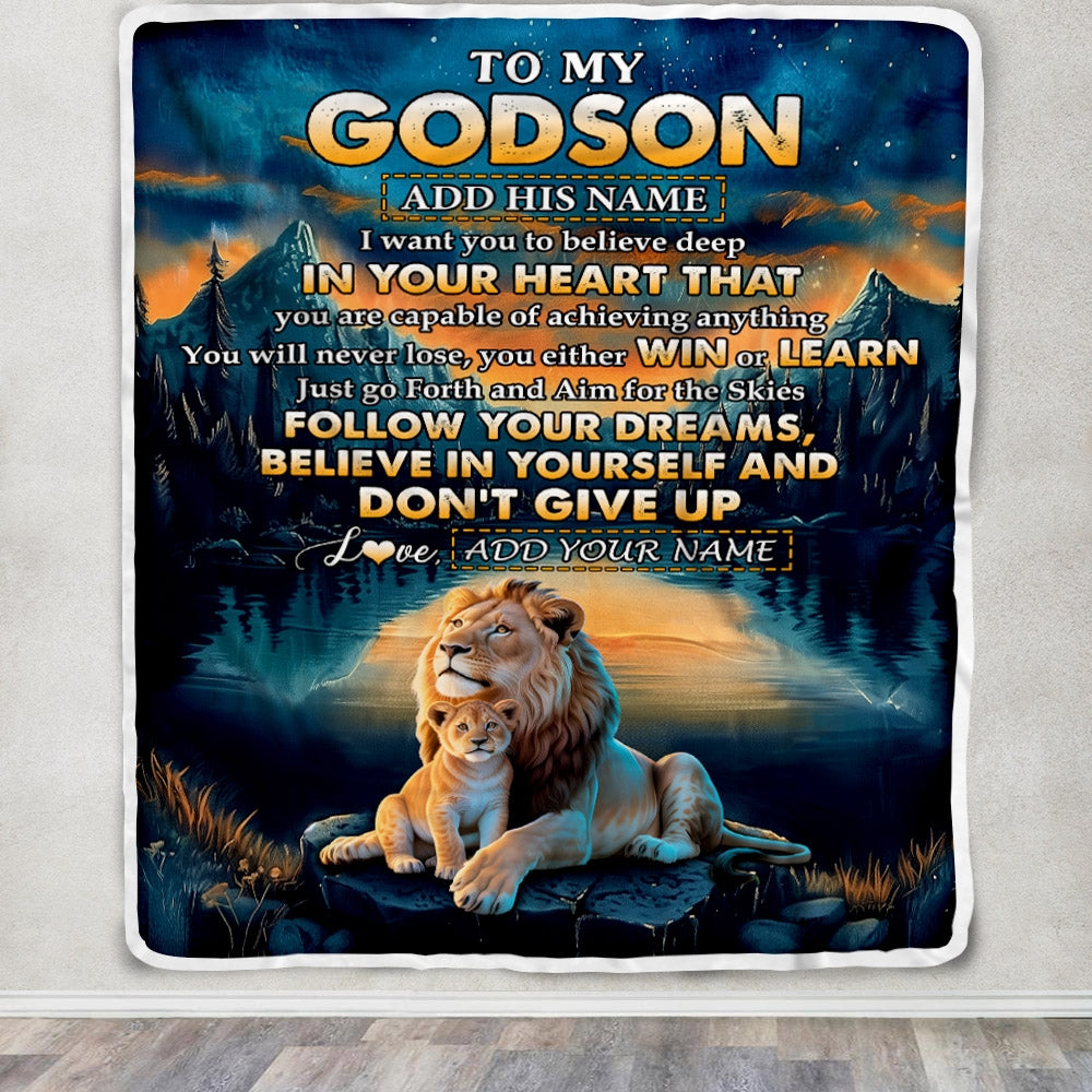 Personalized To My Godson Gifts From Godmother Uncle Blanket Don't Give Up Lion Gifts For Godson Birthday Graduation Christmas Customized Fleece Throw Blanket | teecentury
