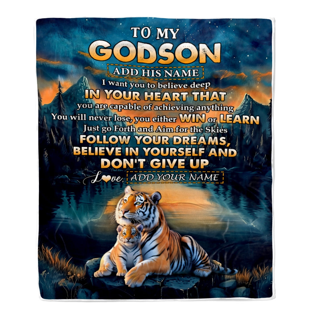 Personalized To My Godson Gifts From Godmother Uncle Blanket Don't Give Up Tiger Gifts For Godson Birthday Graduation Christmas Customized Fleece Blanket | teecentury