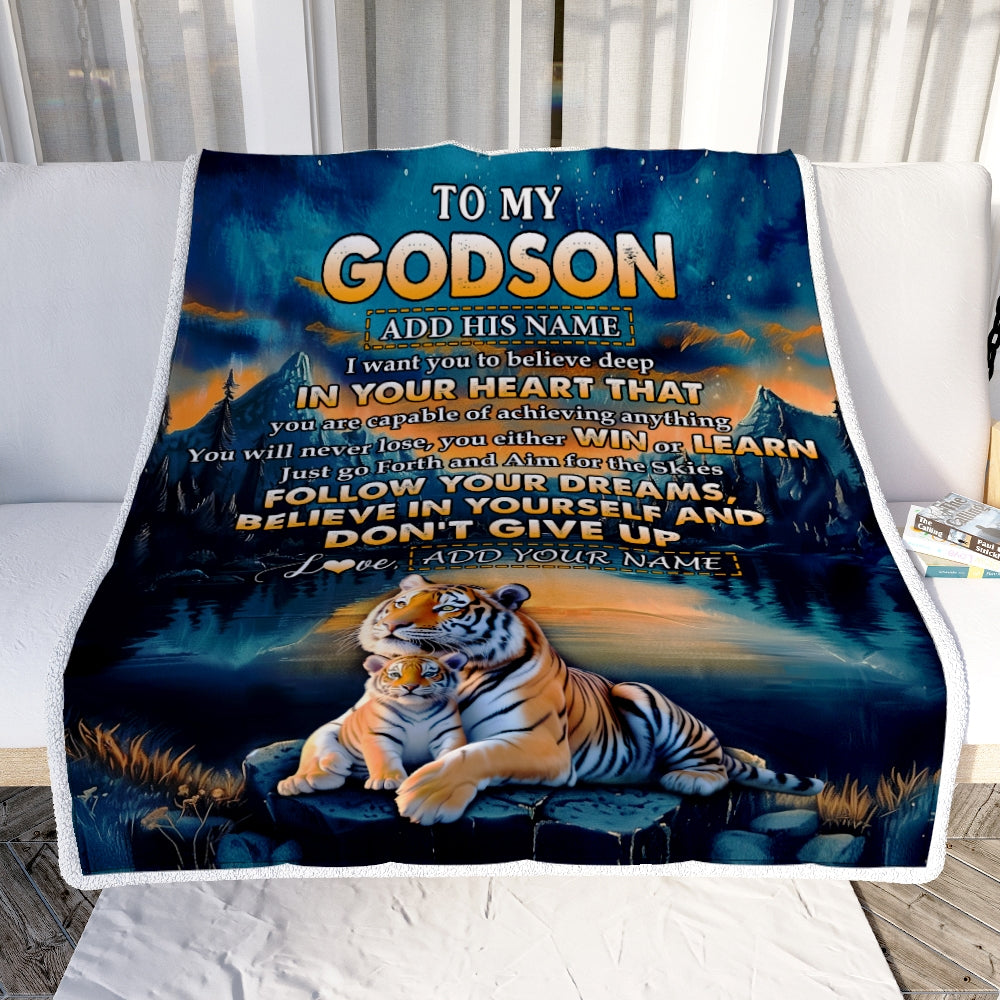 Personalized To My Godson Gifts From Godmother Uncle Blanket Don't Give Up Tiger Gifts For Godson Birthday Graduation Christmas Customized Fleece Blanket | teecentury
