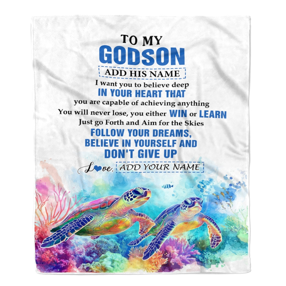 Personalized To My Godson Gifts From Godmother Uncle Blanket Don't Give Up Turtle Gifts For Godson Birthday Graduation Christmas Customized Fleece Blanket | teecentury
