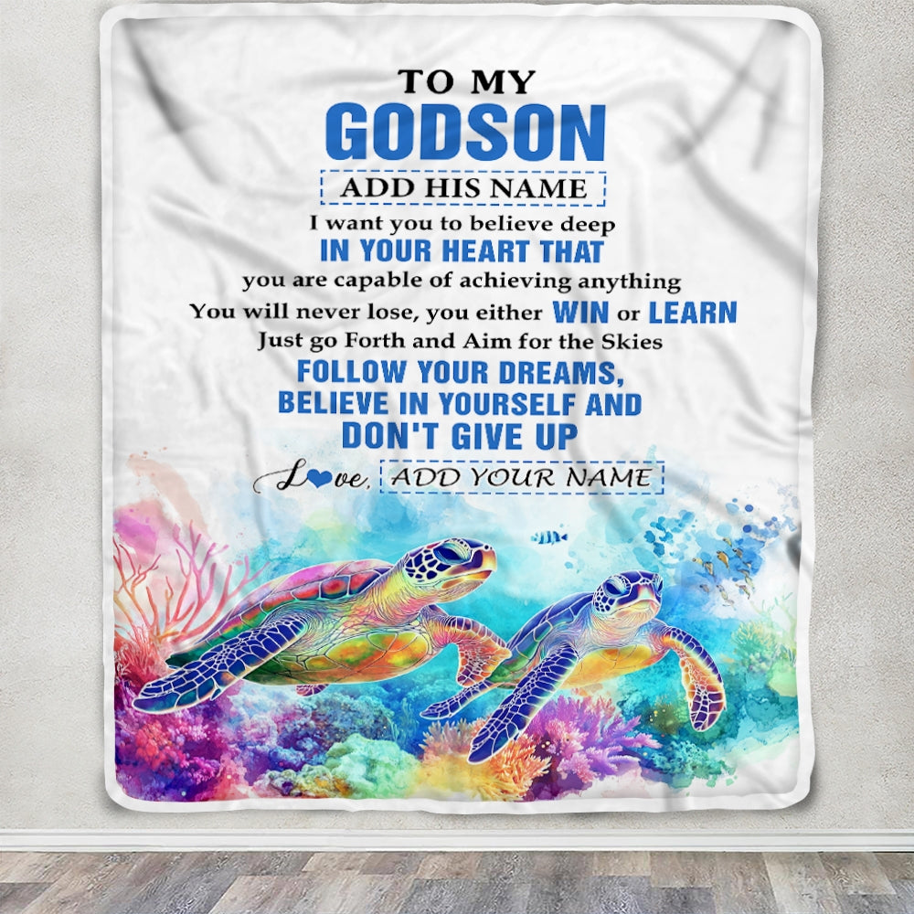 Personalized To My Godson Gifts From Godmother Uncle Blanket Don't Give Up Turtle Gifts For Godson Birthday Graduation Christmas Customized Fleece Blanket | teecentury