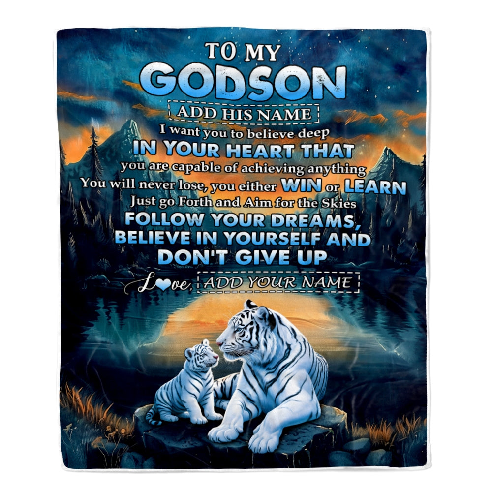 Personalized To My Godson Gifts From Godmother Uncle Blanket Don't Give Up White Tiger Gifts For Godson Birthday Graduation Christmas Custom Fleece Blanket | teecentury