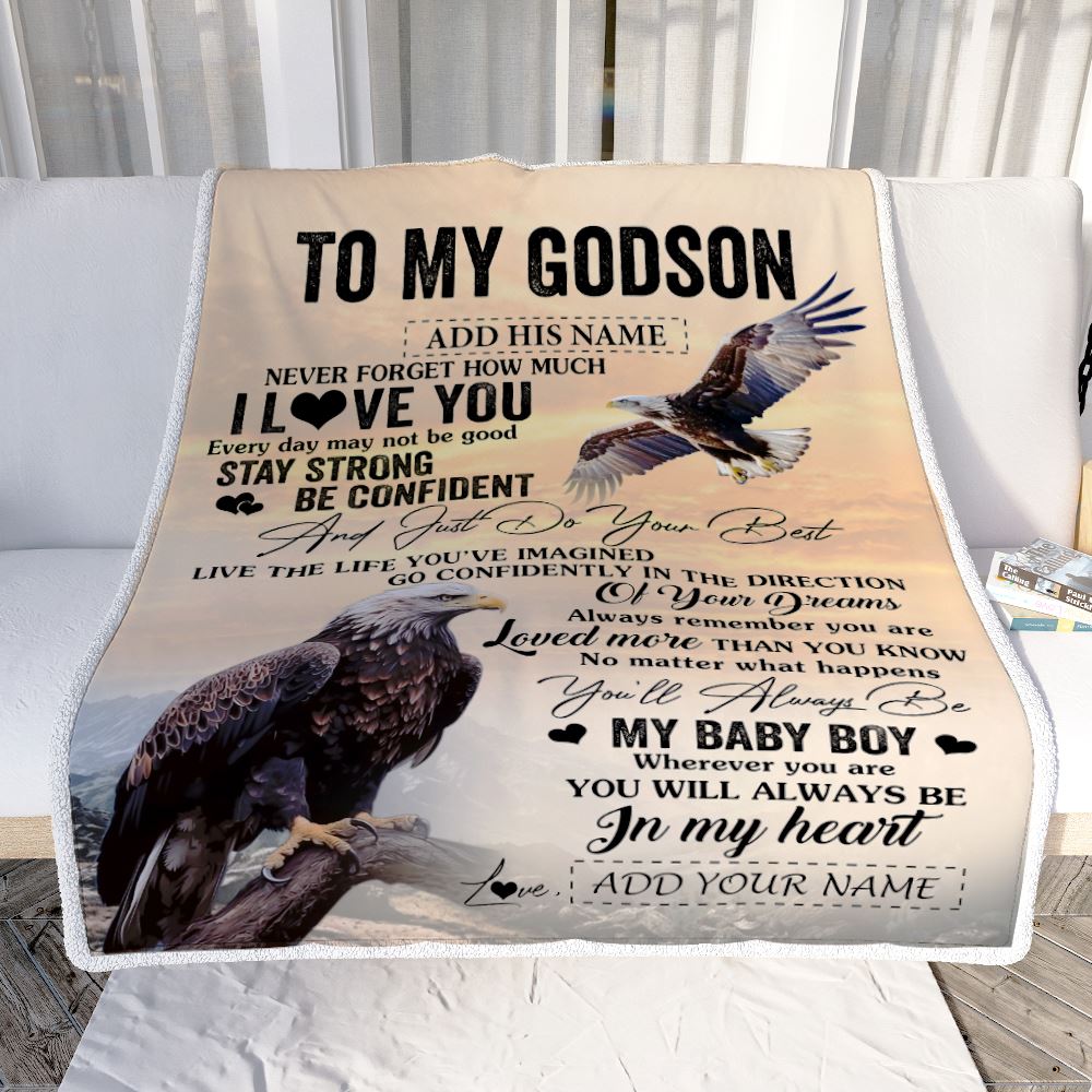 Personalized To My Godson Gifts From Godmother Uncle Blanket Eagle Never Forget How Much I Love You Godson Birthday Graduation Christmas Fleece Throw Blanket | teecentury