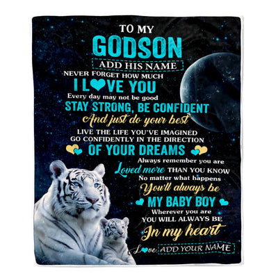 Personalized To My Godson Gifts From Godmother Uncle Blanket White Tiger Never Forget How Much I Love You Godson Birthday Graduation Christmas Fleece Blanket | teecentury