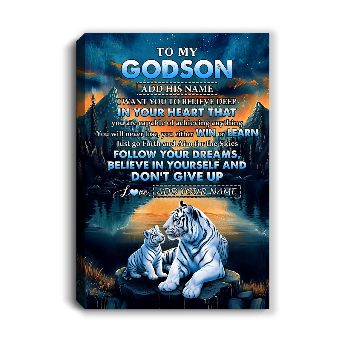Personalized To My Godson Gifts From Godmother Uncle Canvas Don't Give Up White Tiger Gifts For Godson Birthday Graduation Christmas Custom Wall Art Framed Canvas | teecentury