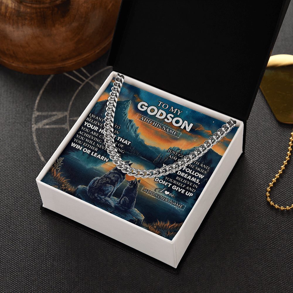 Cuban Link Chain Necklace Stainless Steel | 2 | Personalized To My Godson Gifts From Godmother Uncle Necklace Don't Give Up Wolf Gifts For Godson Birthday Graduation Christmas Custom Gift Box Message Card | teecentury