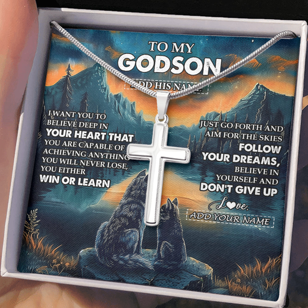 Stainless Cross Necklace Stainless Steel | 2 | Personalized To My Godson Gifts From Godmother Uncle Necklace Don't Give Up Wolf Gifts For Godson Birthday Graduation Christmas Custom Gift Box Message Card | teecentury