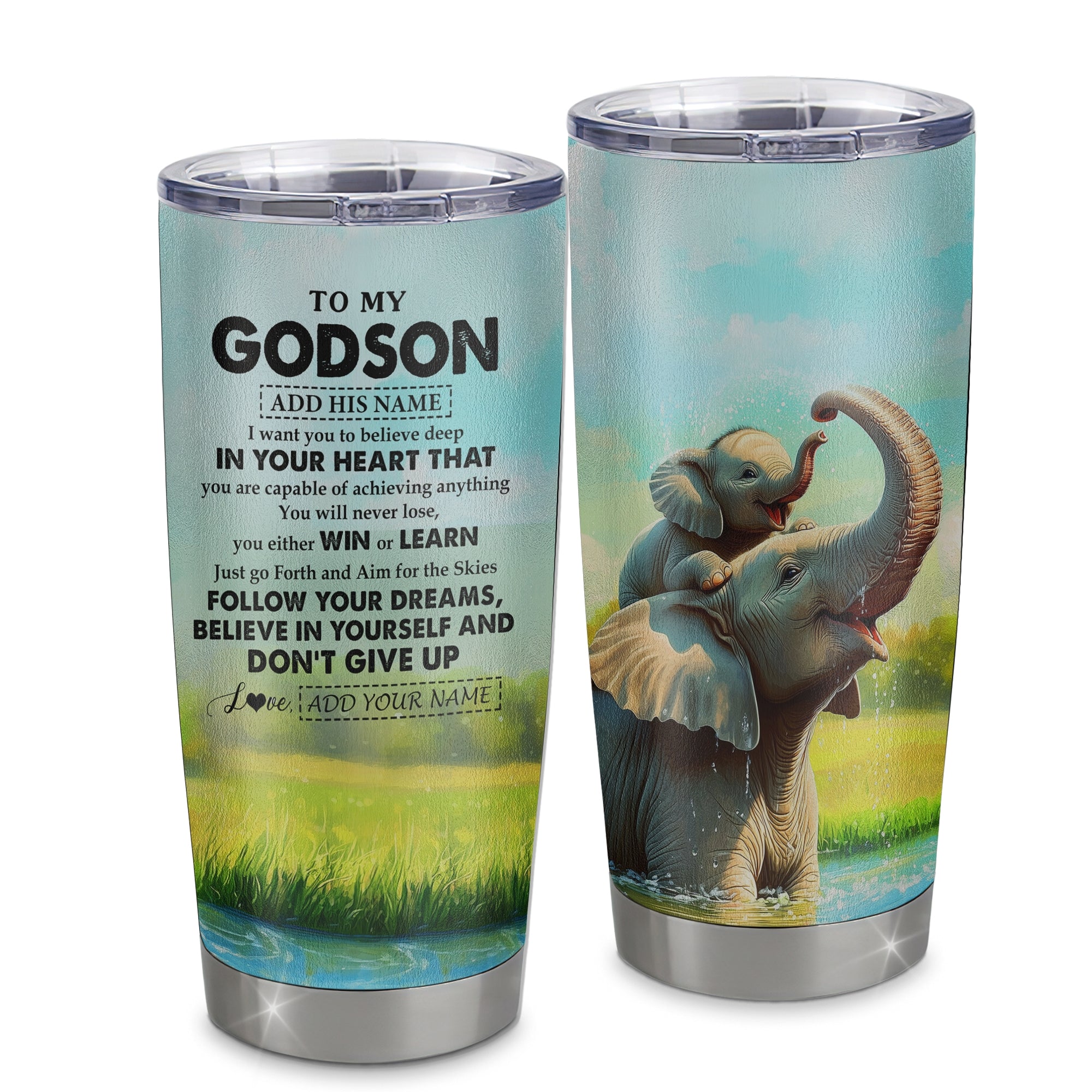 Personalized To My Godson Gifts From Godmother Uncle Tumbler Don't Give Up Elephant Gifts For Godson Birthday Graduation Christmas Custom Stainless Steel Travel Mug | teecentury