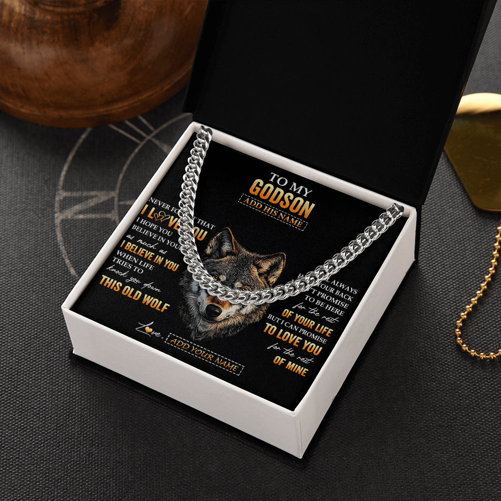Cuban Link Chain Necklace Stainless Steel | 2 | Personalized To My Godson Gifts From Uncle Godfather Aunt Necklace Old Wolf Love You Godson Birthday Gifts Graduation Christmas Custom Gift Box Message Card | teecentury