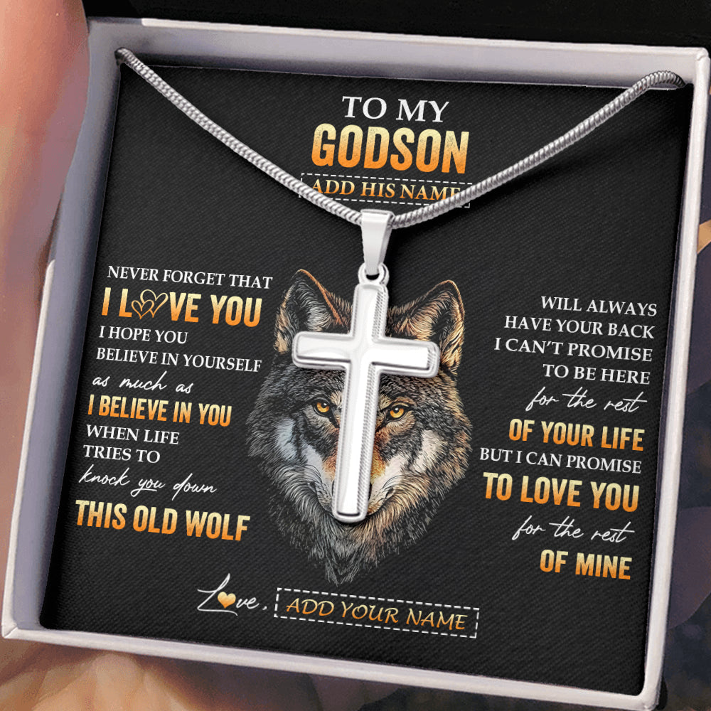 Stainless Cross Necklace Stainless Steel | 2 | Personalized To My Godson Gifts From Uncle Godfather Aunt Necklace Old Wolf Love You Godson Birthday Gifts Graduation Christmas Custom Gift Box Message Card | teecentury