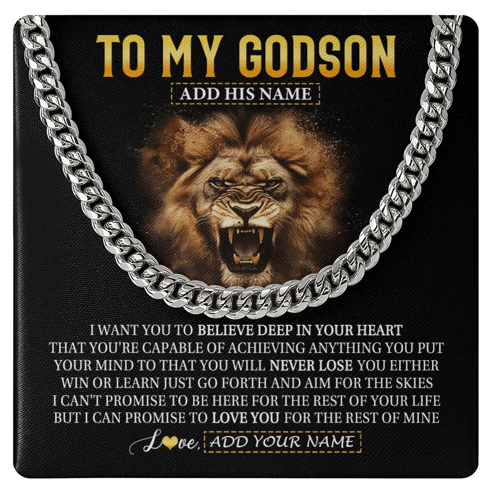 Cuban Link Chain Necklace Stainless Steel | 1 | Personalized To My Godson Gifts Necklace From Uncle Aunt Believe In Your Heart Lion Godson Birthday Gifts Graduation Christmas Custom Gift Box Message Card | https://teecentury.