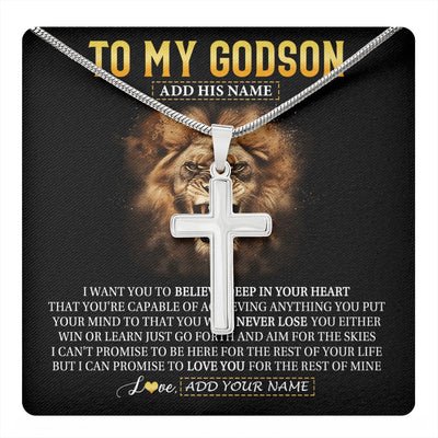 Stainless Cross Necklace Stainless Steel | 1 | Personalized To My Godson Gifts Necklace From Uncle Aunt Believe In Your Heart Lion Godson Birthday Gifts Graduation Christmas Custom Gift Box Message Card | https://teecentury.