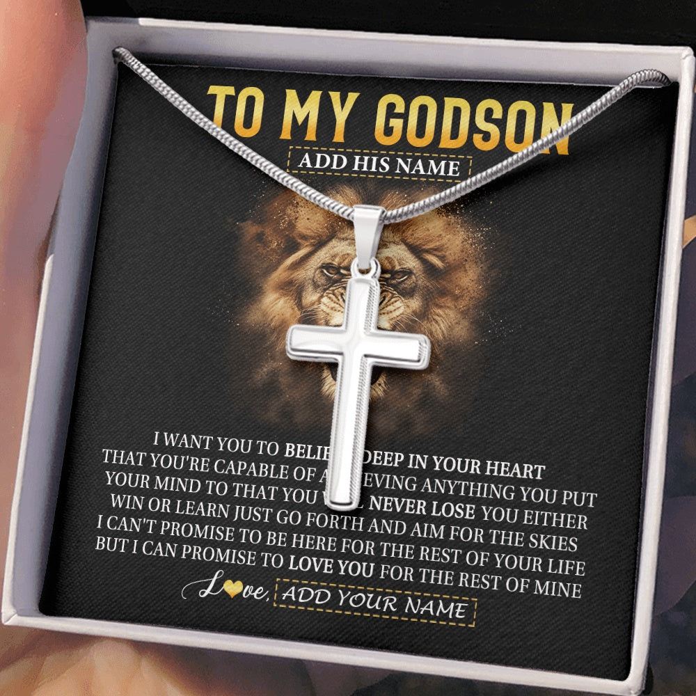Stainless Cross Necklace Stainless Steel | 2 | Personalized To My Godson Gifts Necklace From Uncle Aunt Believe In Your Heart Lion Godson Birthday Gifts Graduation Christmas Custom Gift Box Message Card | https://teecentury.