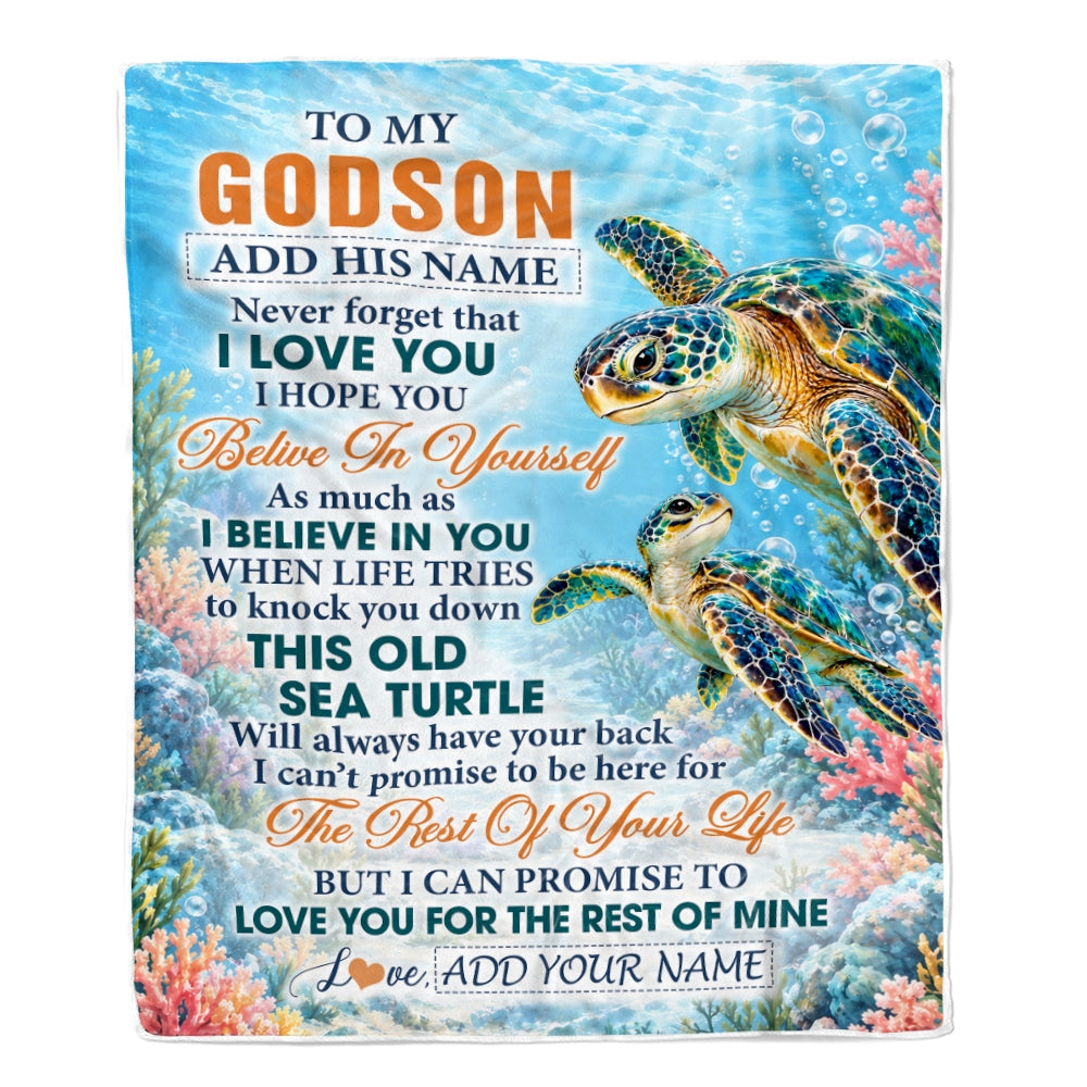 Personalized To My Godson Gifts Sea Turtle From Godmother Blanket Never Forget I Love You Godson Birthday Gift Graduation Christmas Custom Fleece Blanket | teecentury