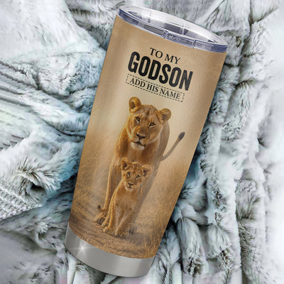 Personalized To My Godson Gifts Tumbler From Godmother Aunt Always Remember Lion Gifts For Godson Birthday Graduation Christmas Custom Stainless Steel Travel Mug | teecentury