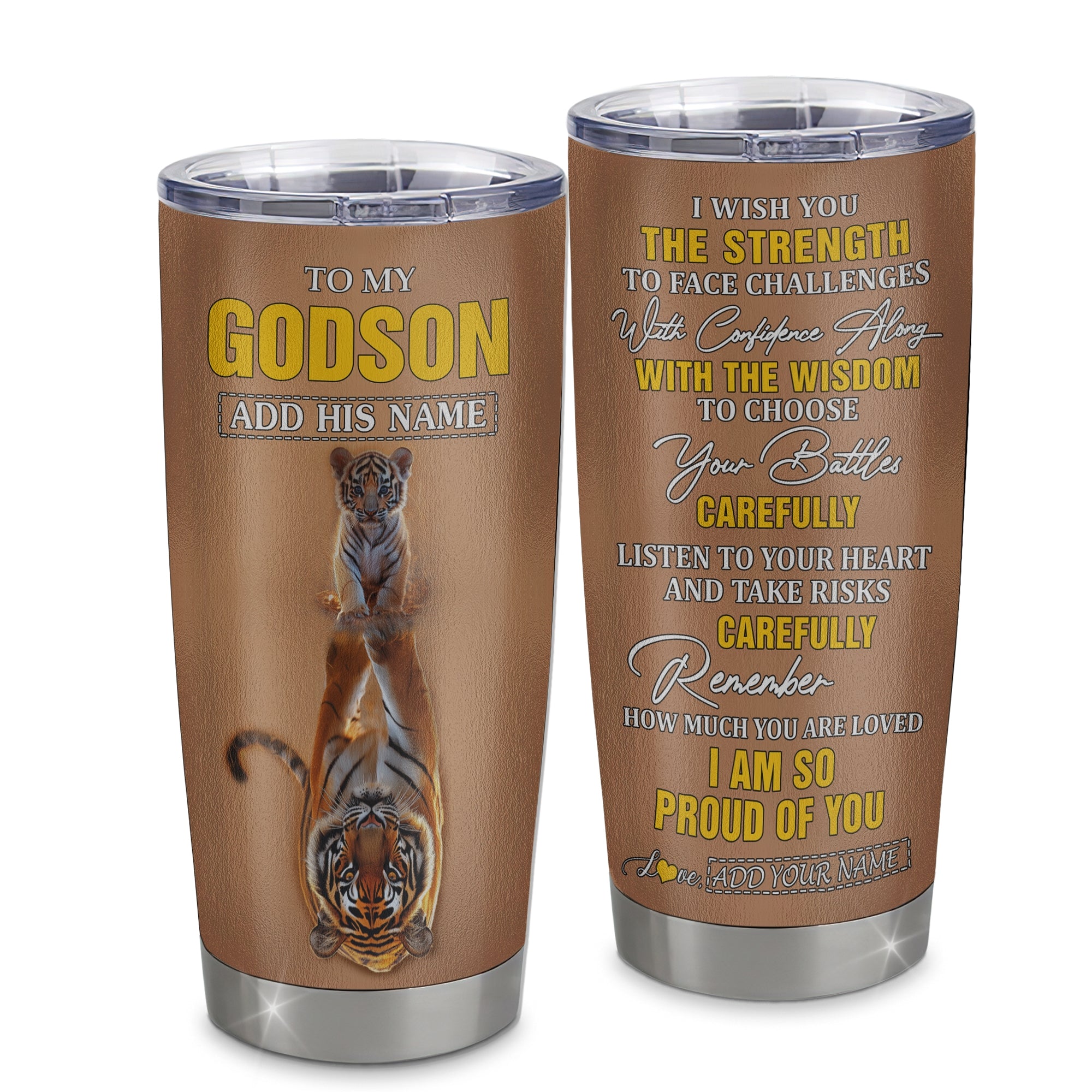 Personalized To My Godson Gifts Tumbler From Godmother Godfather I Wish You The Strength Tiger Godson Birthday Gifts Christmas Graduation Custom Stainless Steel Mug | teecentury