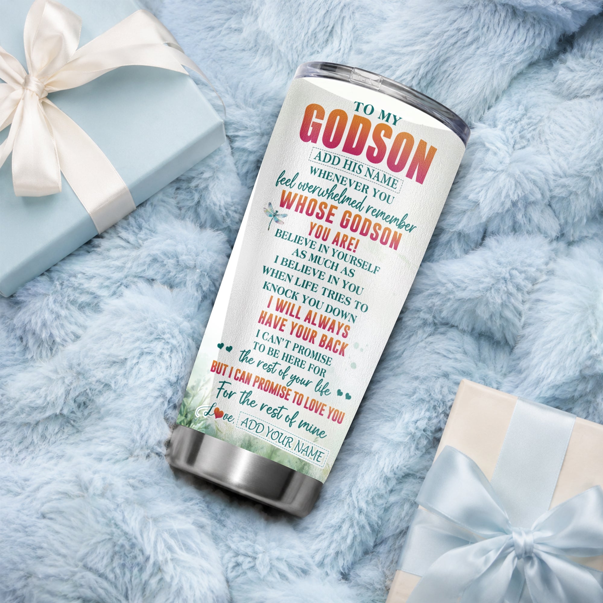 Personalized To My Godson Gifts Tumbler From Godmother Uncle Godmother Whenever You Feel Dragonfly Godson Birthday Gifts Graduation Christmas Custom Stainless Steel Mug | teecentury