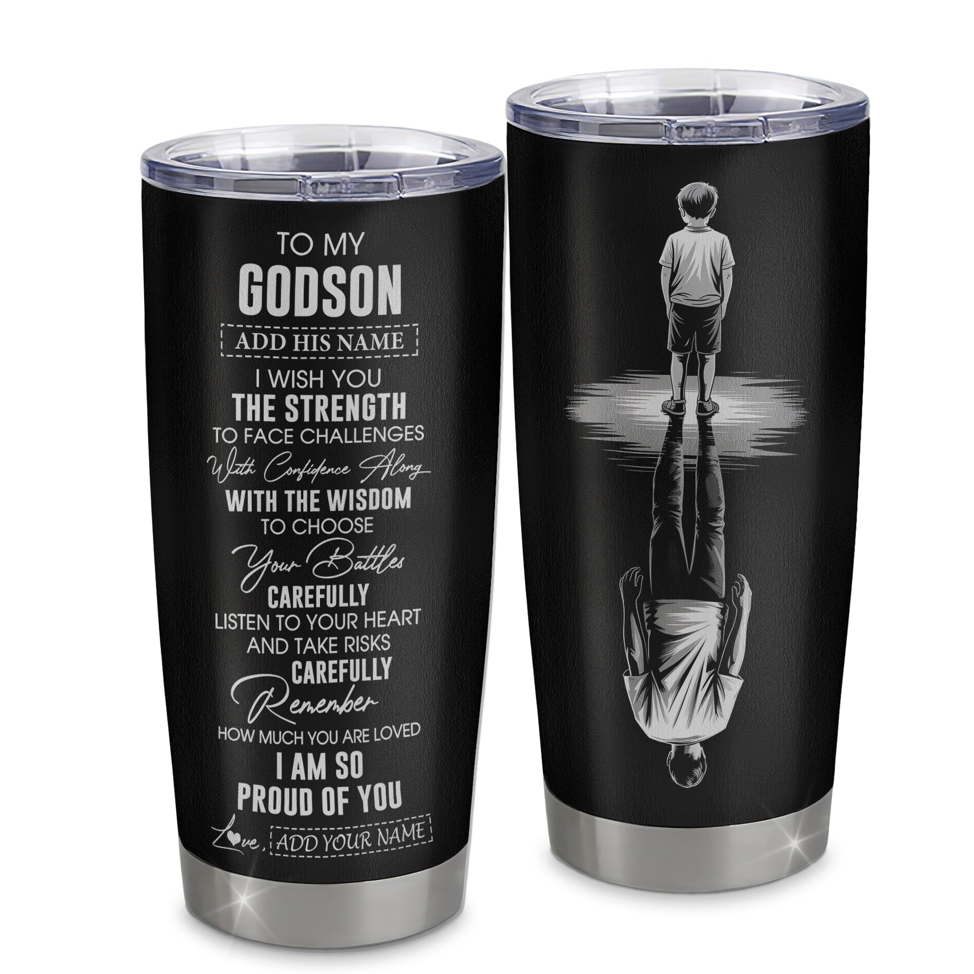 Personalized To My Godson Gifts Tumbler From Godmother Uncle I Wish You The Strength Godson Birthday Gifts Christmas Graduation Custom Stainless Steel Travel Mug | teecentury