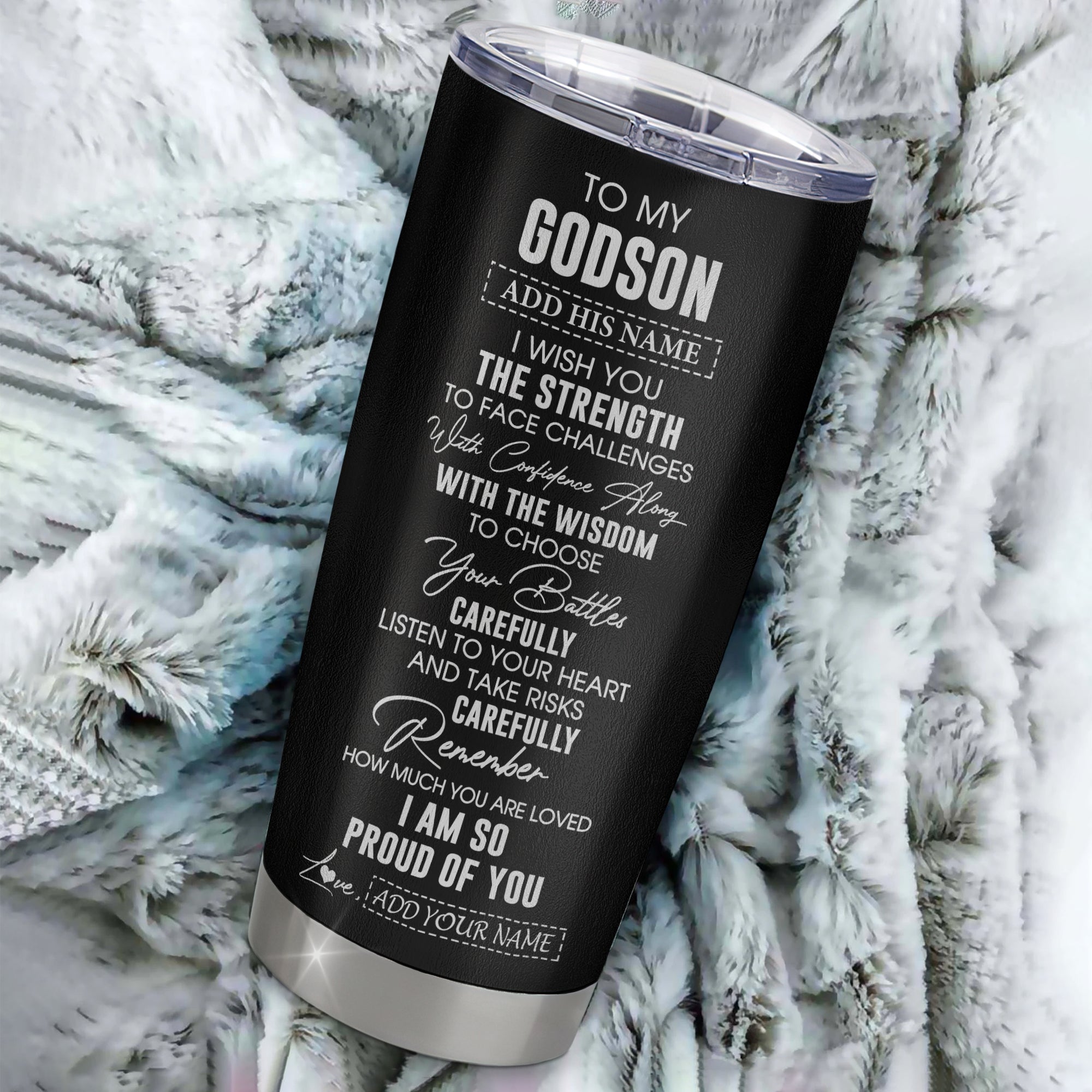 Personalized To My Godson Gifts Tumbler From Godmother Uncle I Wish You The Strength Godson Birthday Gifts Christmas Graduation Custom Stainless Steel Travel Mug | teecentury