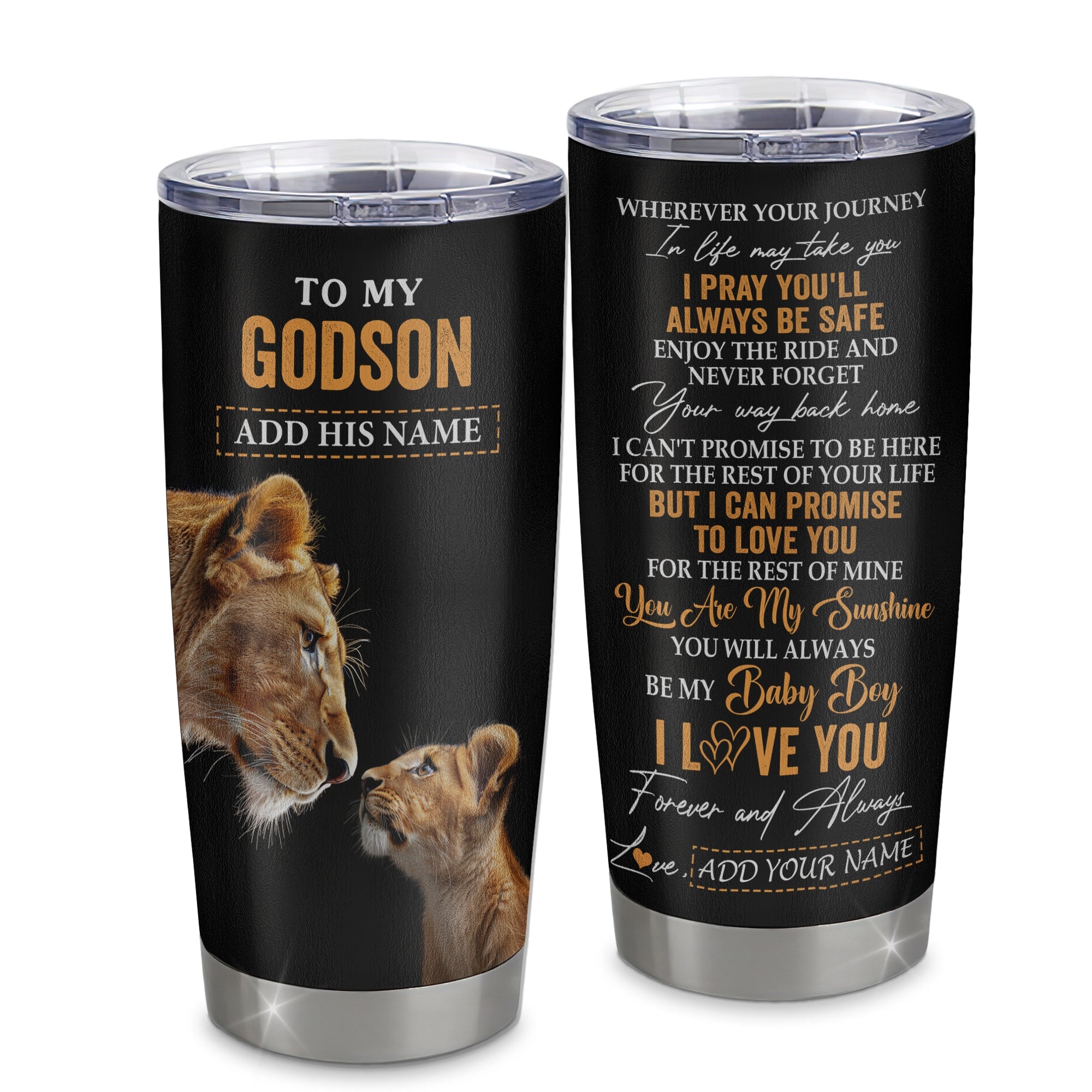 Personalized To My Godson Gifts Tumbler From Godmother Wherever Your Journey In Life Lion Goddaughter Birthday Gifts Christmas Custom Stainless Steel Travel Mug | teecentury