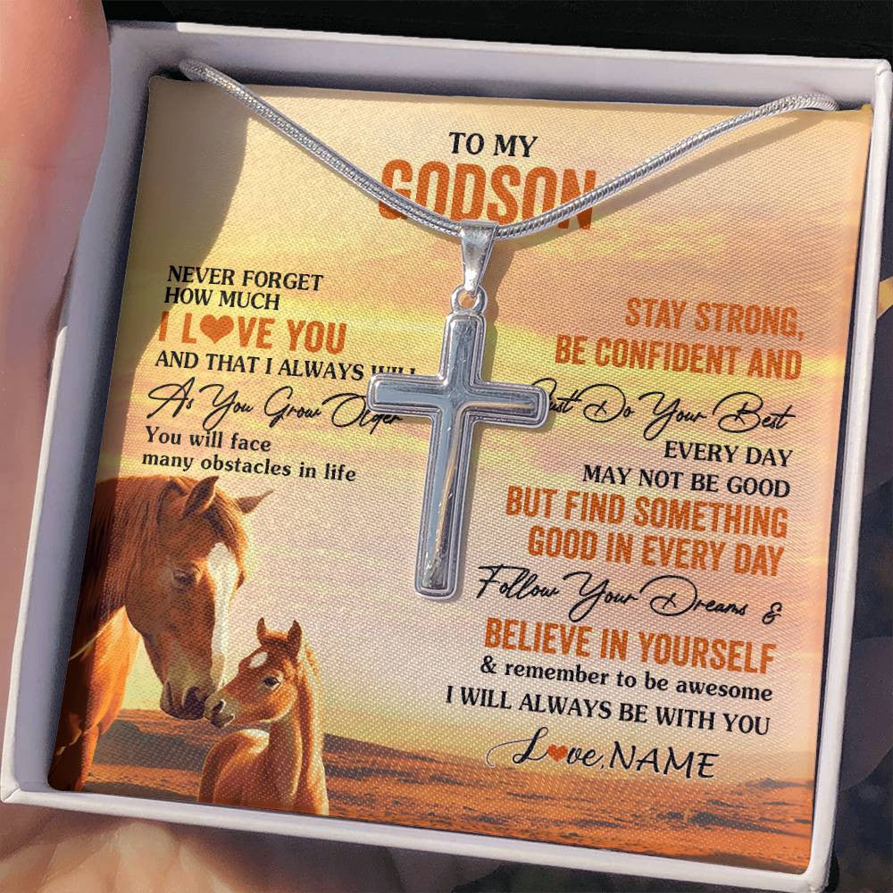 Stainless Cross Necklace Stainless Steel | 2 | Personalized To My Godson I Love You Forever Necklace From Godfather Godmother Horse Godson Birthday Graduation Christmas Customized Gift Box Message Card | teecentury